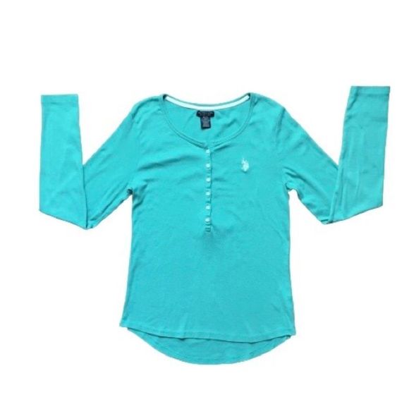 US Polo Assn teal long sleeve cotton henley shirt buttoned front size medium​ - Picture 1 of 8